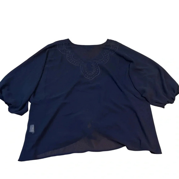 Karen Kane Sheer Navy Tie-Waist‎ Embroidered Blouse XL Women's Dressy Top - Picture 5 of 6